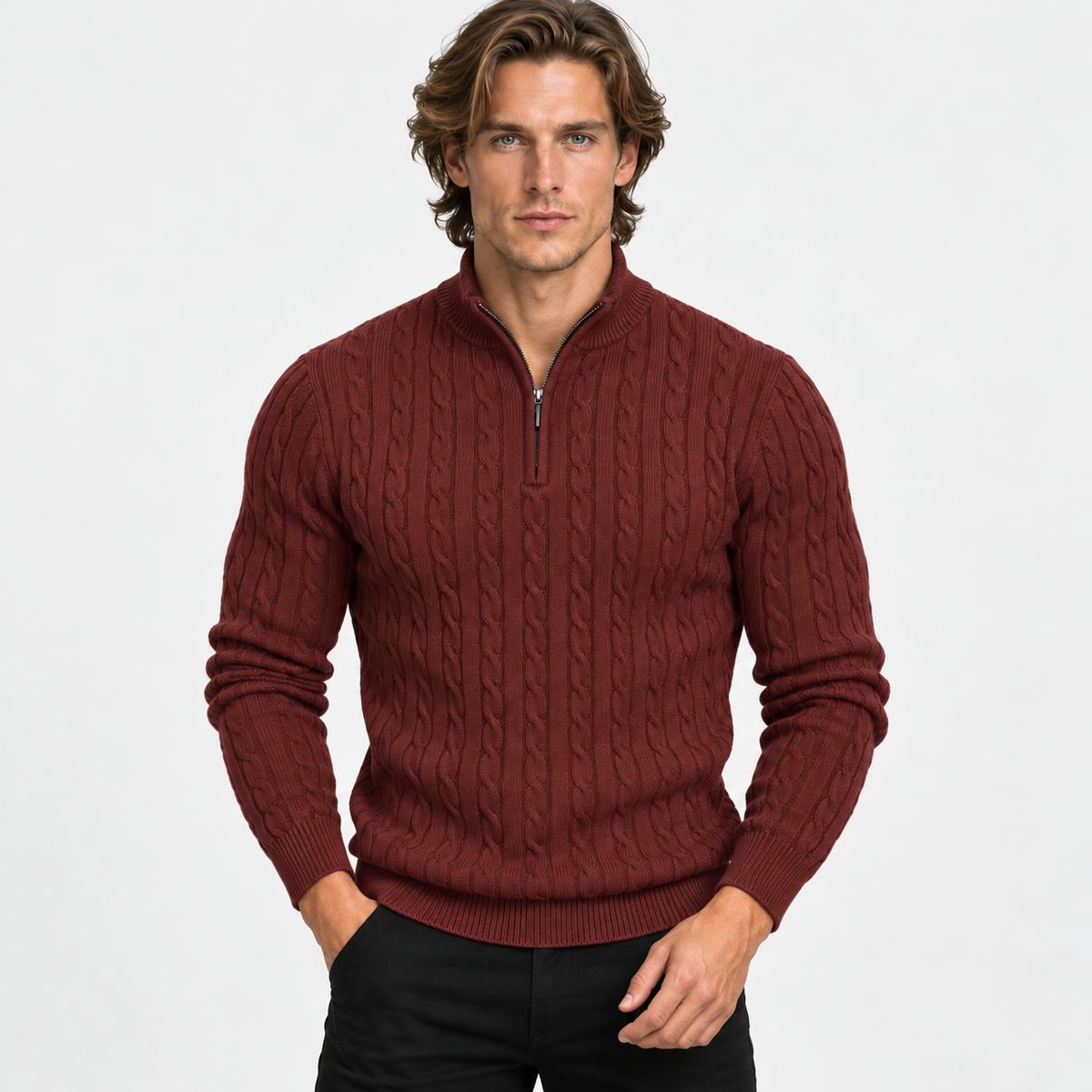 Montviro | Men’s Cable Knit Sweater Quarter Zip Stand Collar Pullover