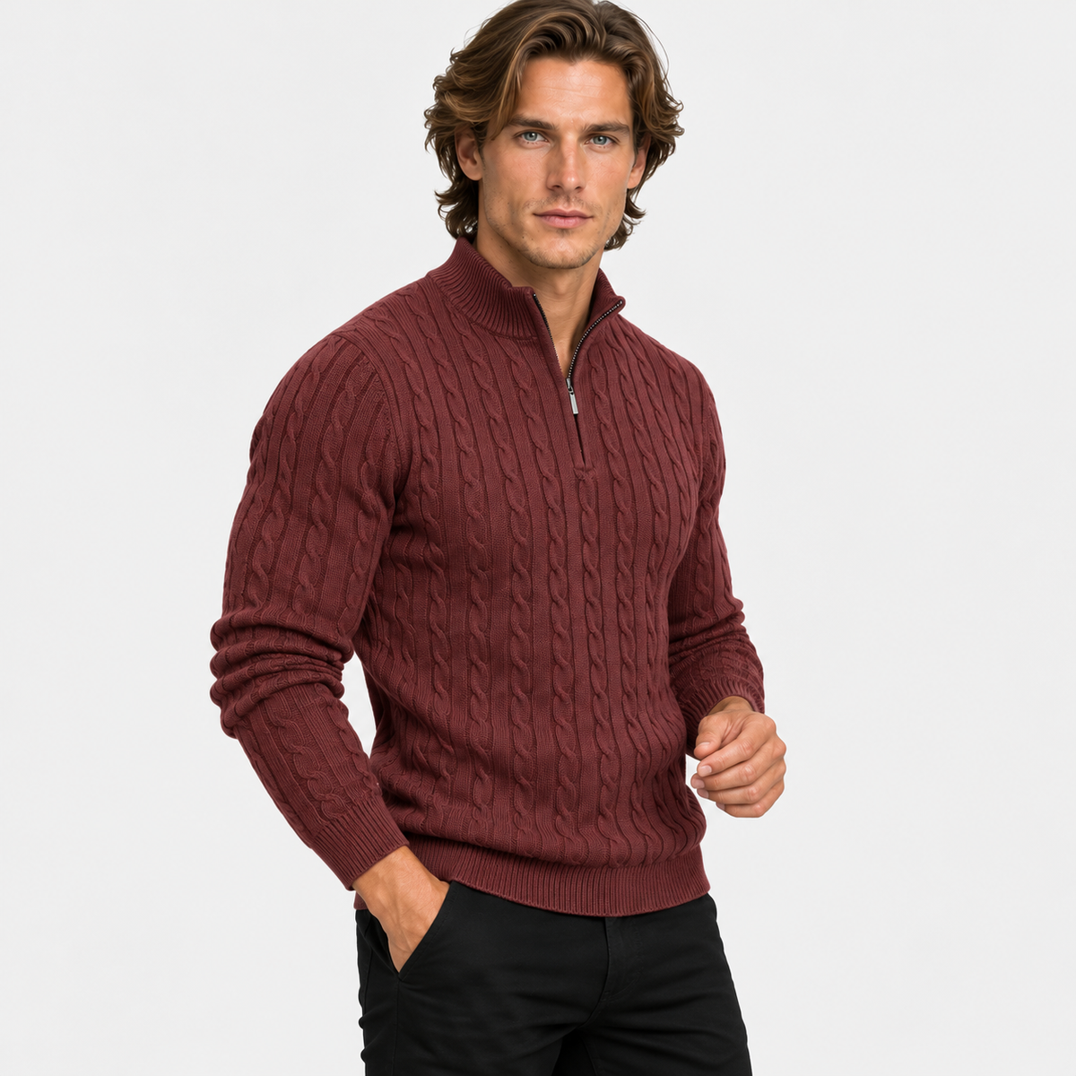 Montviro | Men’s Cable Knit Sweater Quarter Zip Stand Collar Pullover