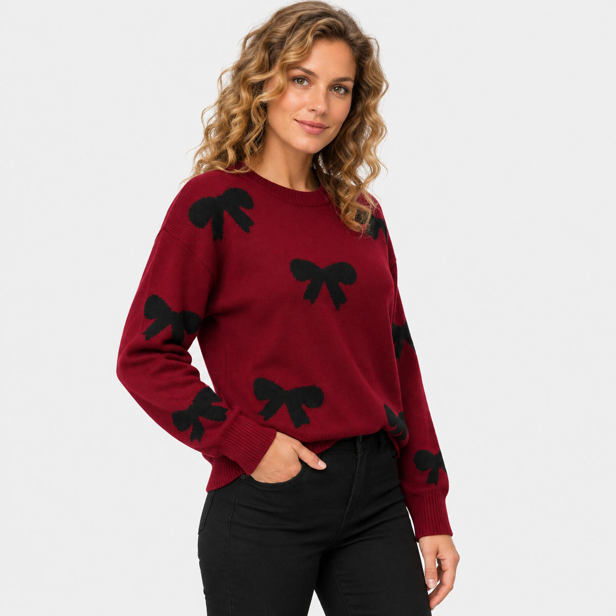 Montviro | Women’s Bow Sweater Knit Crew Neck Butterfly Pattern Pullover
