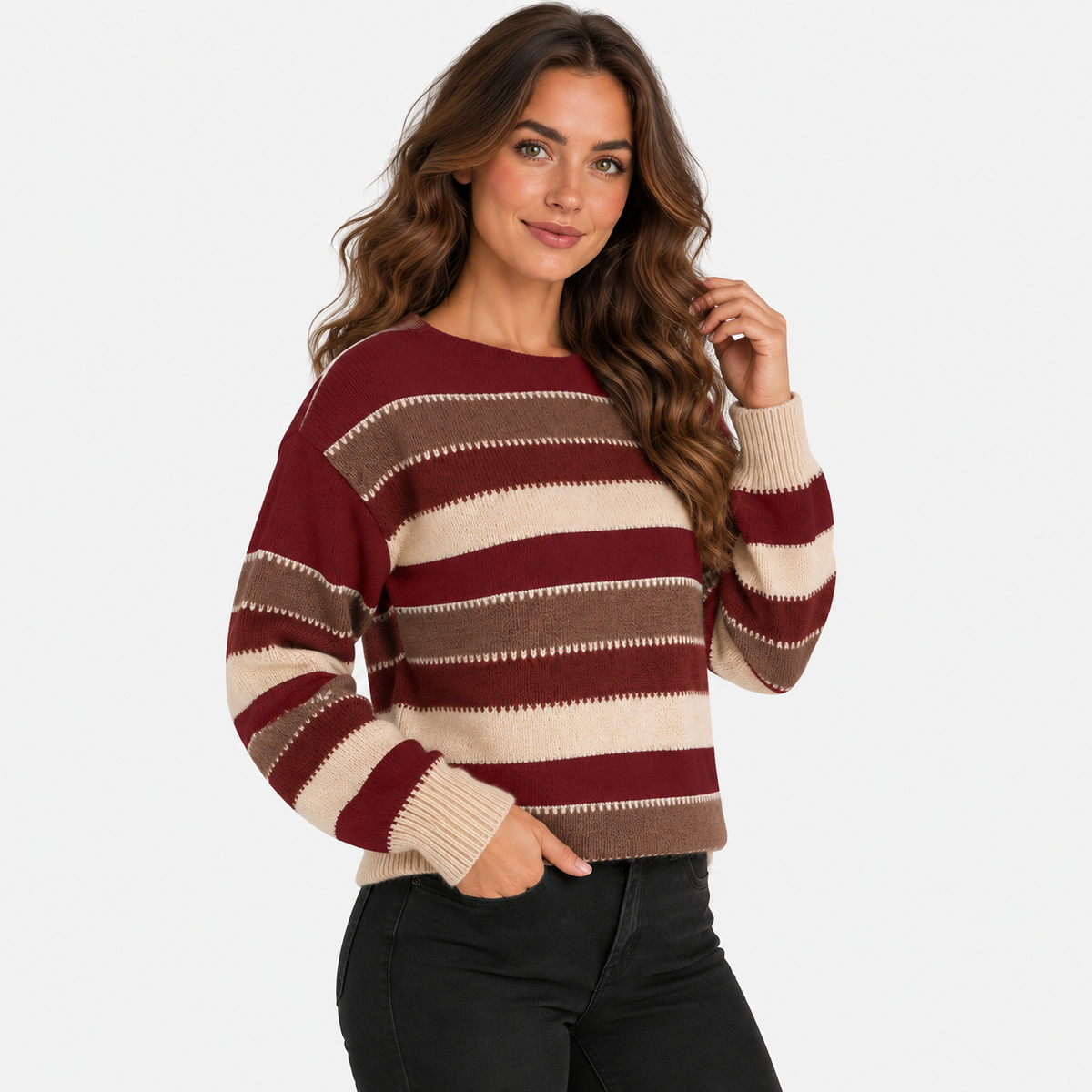 Montviro | Women’s Striped Sweater Vintage Knit Loose Fit Crew Neck Pullover