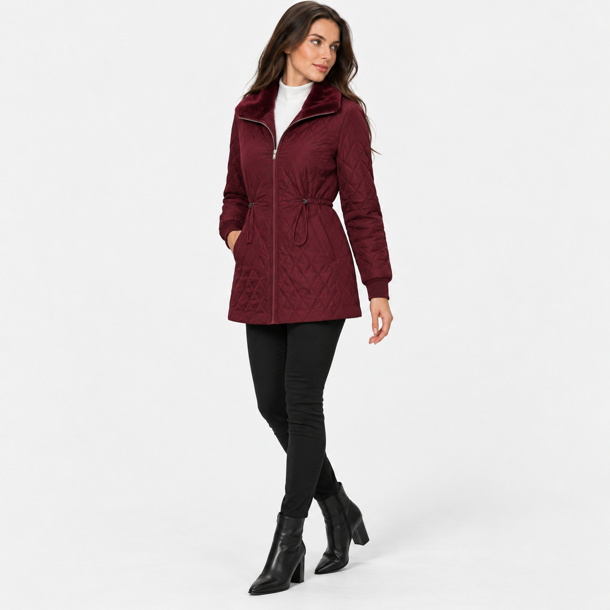 Montviro | Women’s Quilted Jacket Drawstring Waist Plush Collar Outerwear