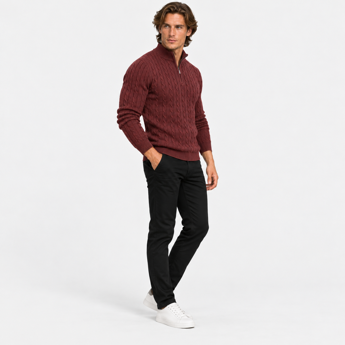 Montviro | Men’s Cable Knit Sweater Quarter Zip Stand Collar Pullover