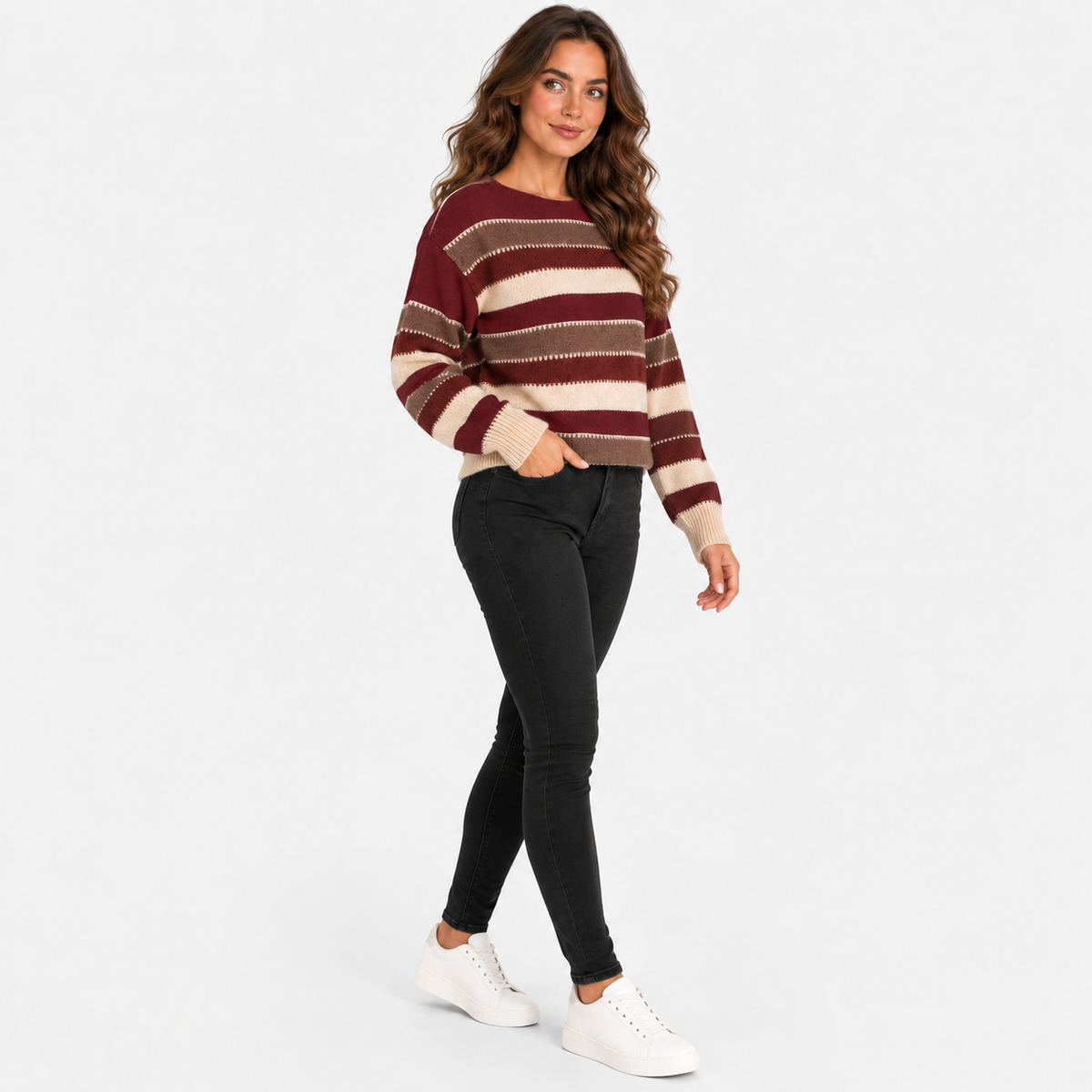 Montviro | Women’s Striped Sweater Vintage Knit Loose Fit Crew Neck Pullover