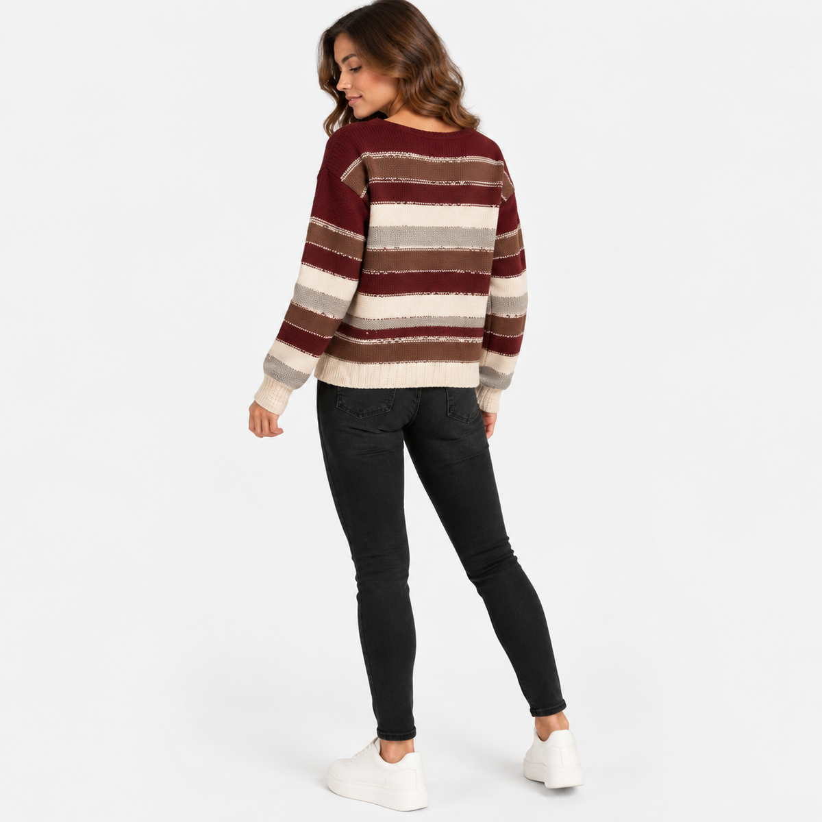 Montviro | Women’s Striped Sweater Vintage Knit Loose Fit Crew Neck Pullover