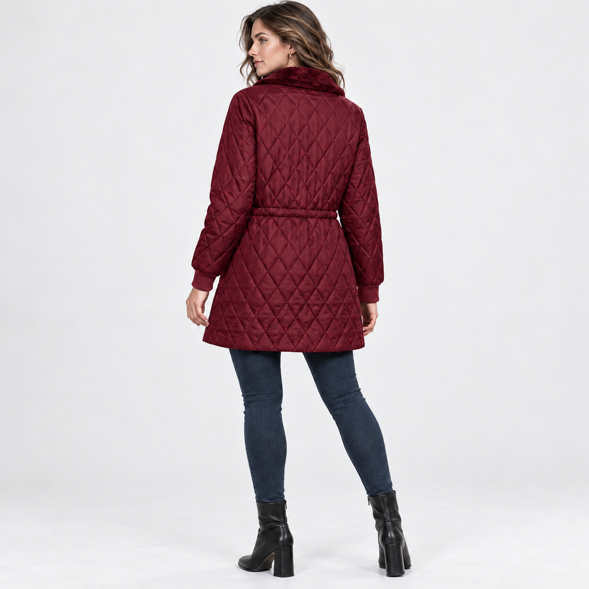 Montviro | Women’s Quilted Jacket Drawstring Waist Plush Collar Outerwear