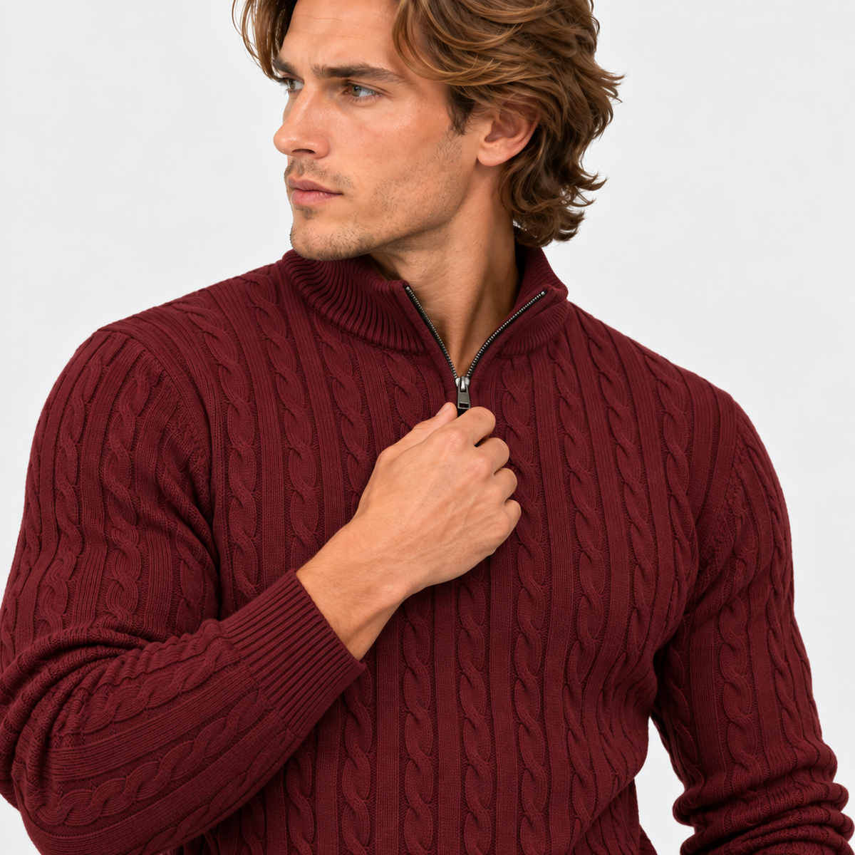 Montviro | Men’s Cable Knit Sweater Quarter Zip Stand Collar Pullover
