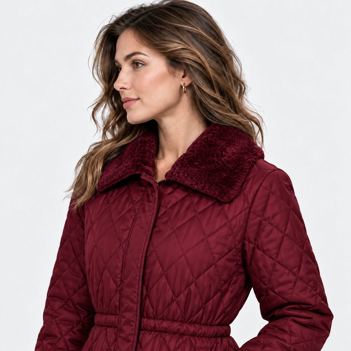 Montviro | Women’s Quilted Jacket Drawstring Waist Plush Collar Outerwear