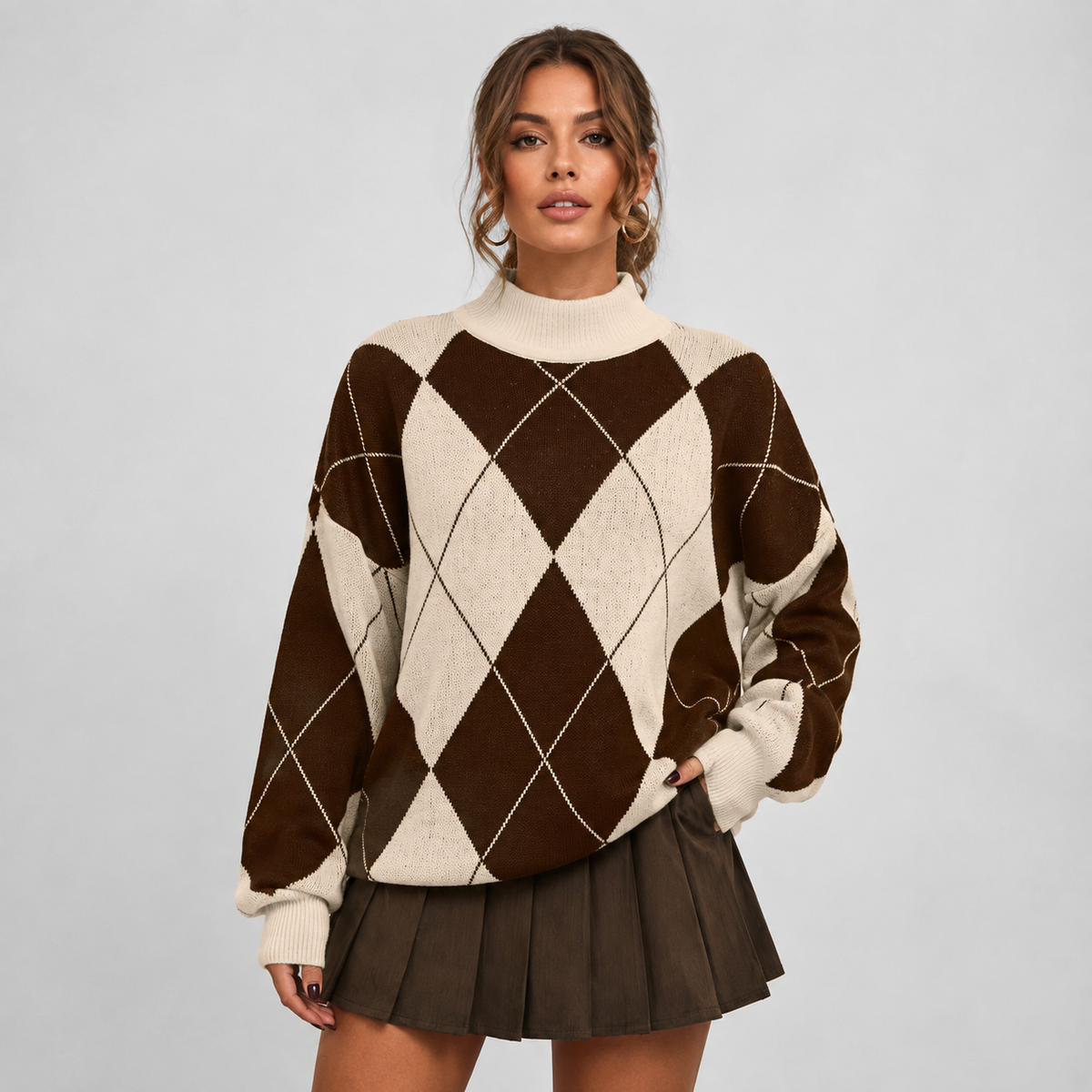 Montviro | Women's Argyle Sweater - High Neck Color Block Knit Pullover