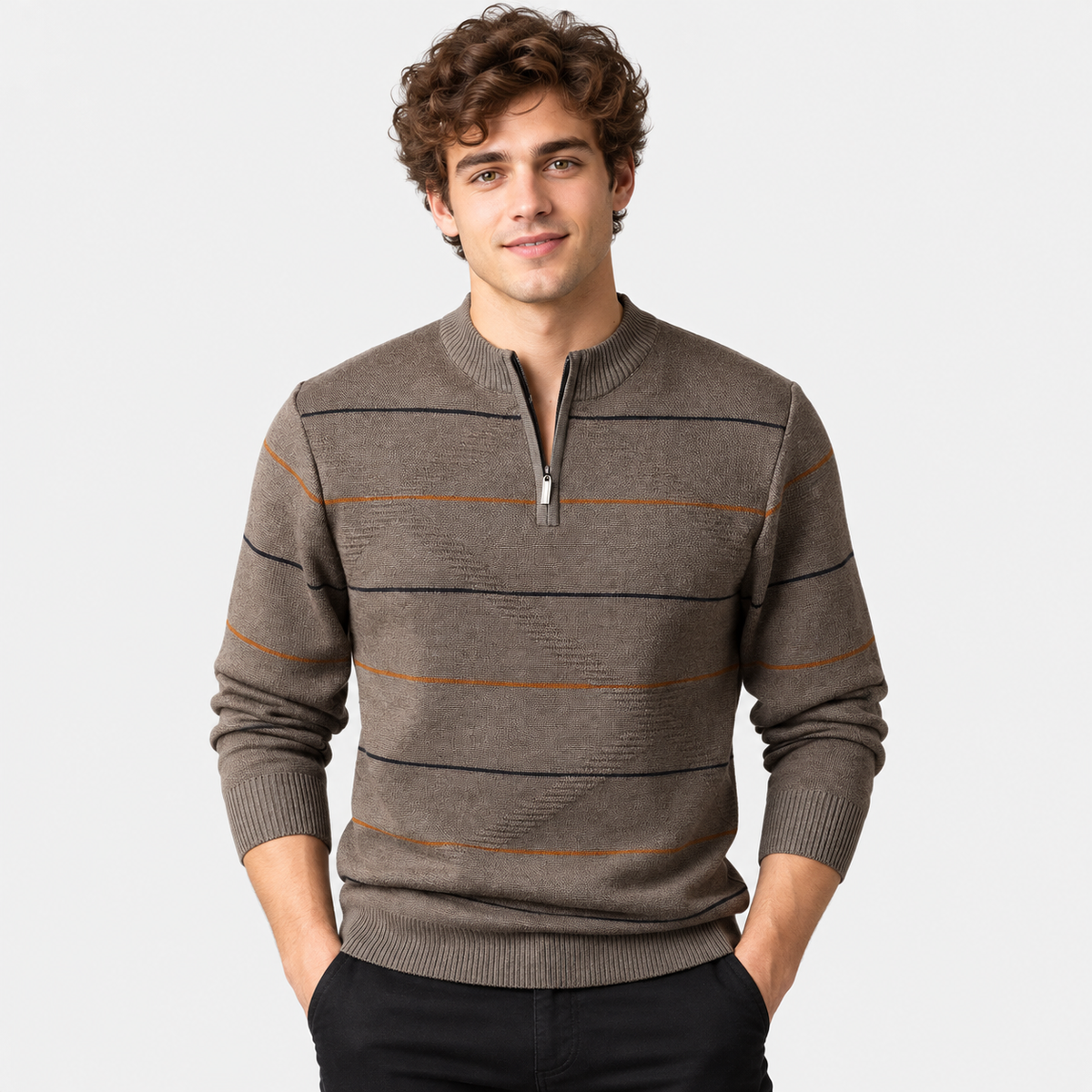 Montviro | Men's Quarter Zip Knit Sweater with Striped Pattern
