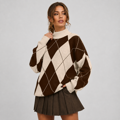 Montviro | Women's Argyle Sweater - High Neck Color Block Knit Pullover