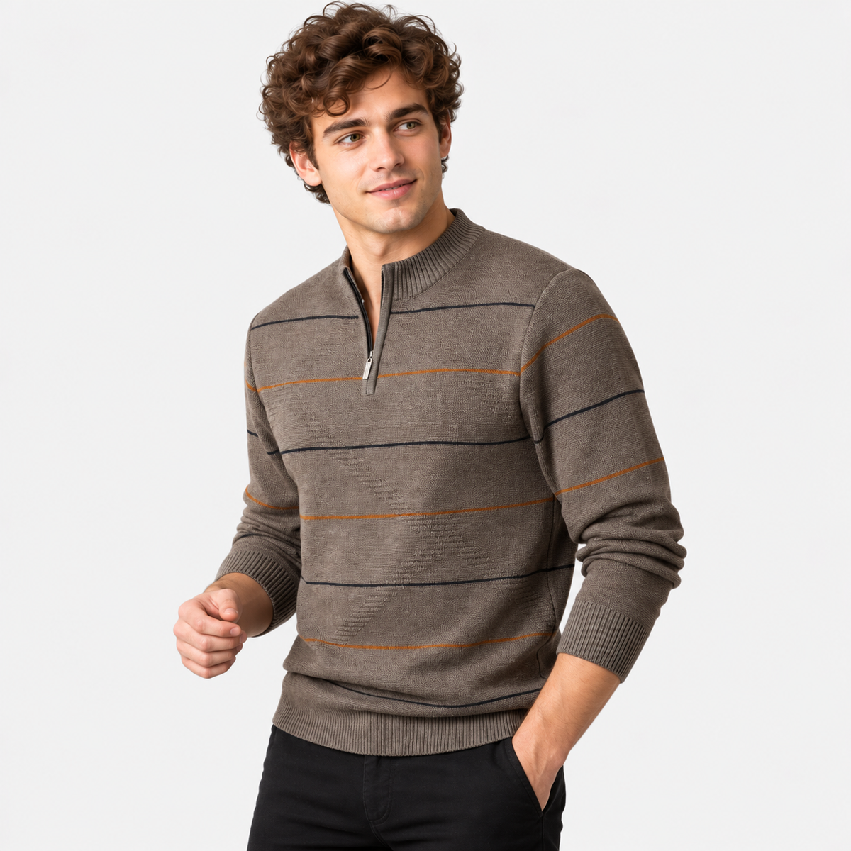 Montviro | Men's Quarter Zip Knit Sweater with Striped Pattern