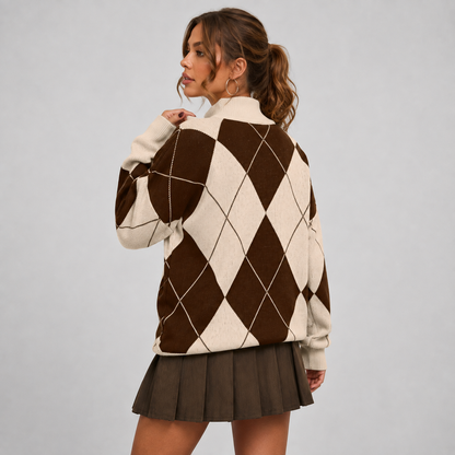 Montviro | Women's Argyle Sweater - High Neck Color Block Knit Pullover