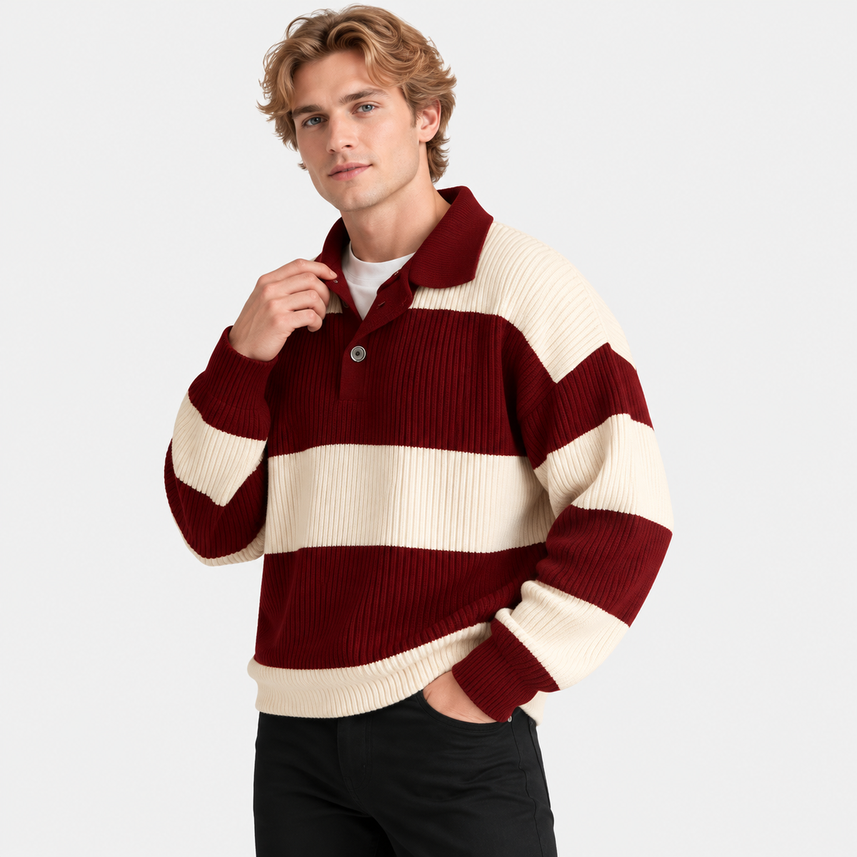 Montviro | Men's Striped Polo Sweater Knit Pullover Half Placket Top