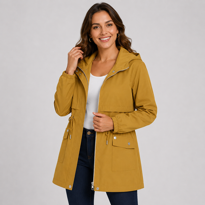 Montviro | Women's Hooded Trench Coat - Drawstring Waist Knee Length
