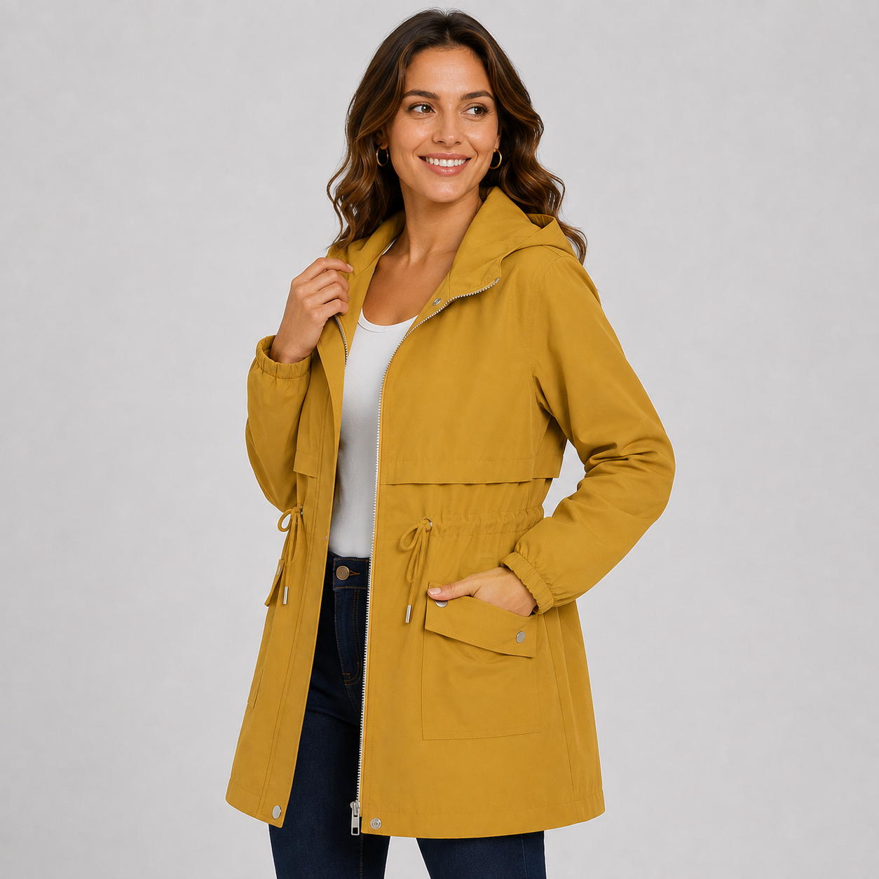 Montviro | Women's Hooded Trench Coat - Drawstring Waist Knee Length
