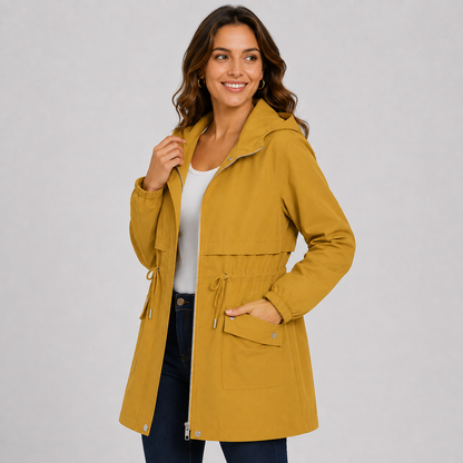 Montviro | Women's Hooded Trench Coat - Drawstring Waist Knee Length