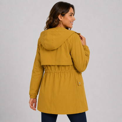 Montviro | Women's Hooded Trench Coat - Drawstring Waist Knee Length
