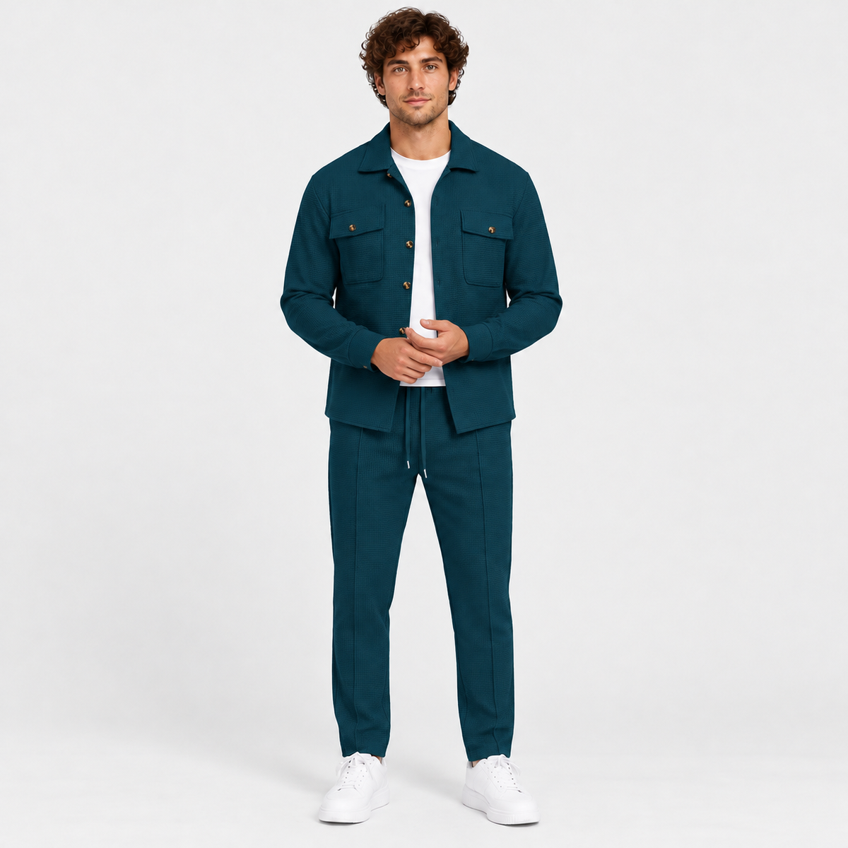 Montviro | Men's Waffle Knit Cardigan Set Button Shirt Pants Casual Outfit