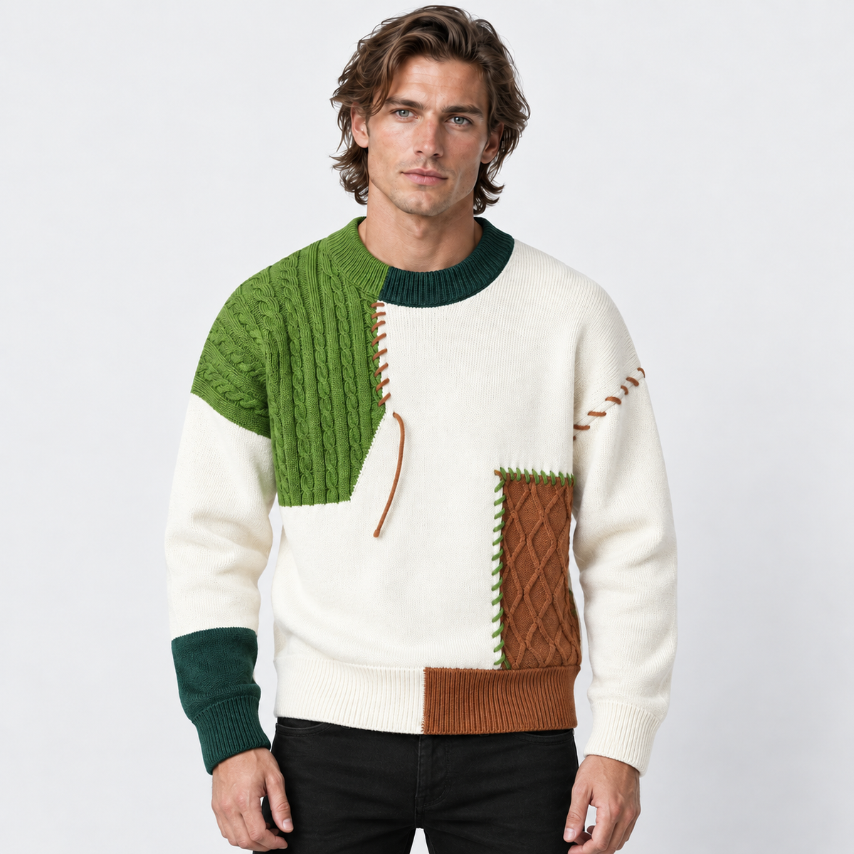 Montviro | Men's Color Block Sweater Knit Crew Neck Casual Winter Top