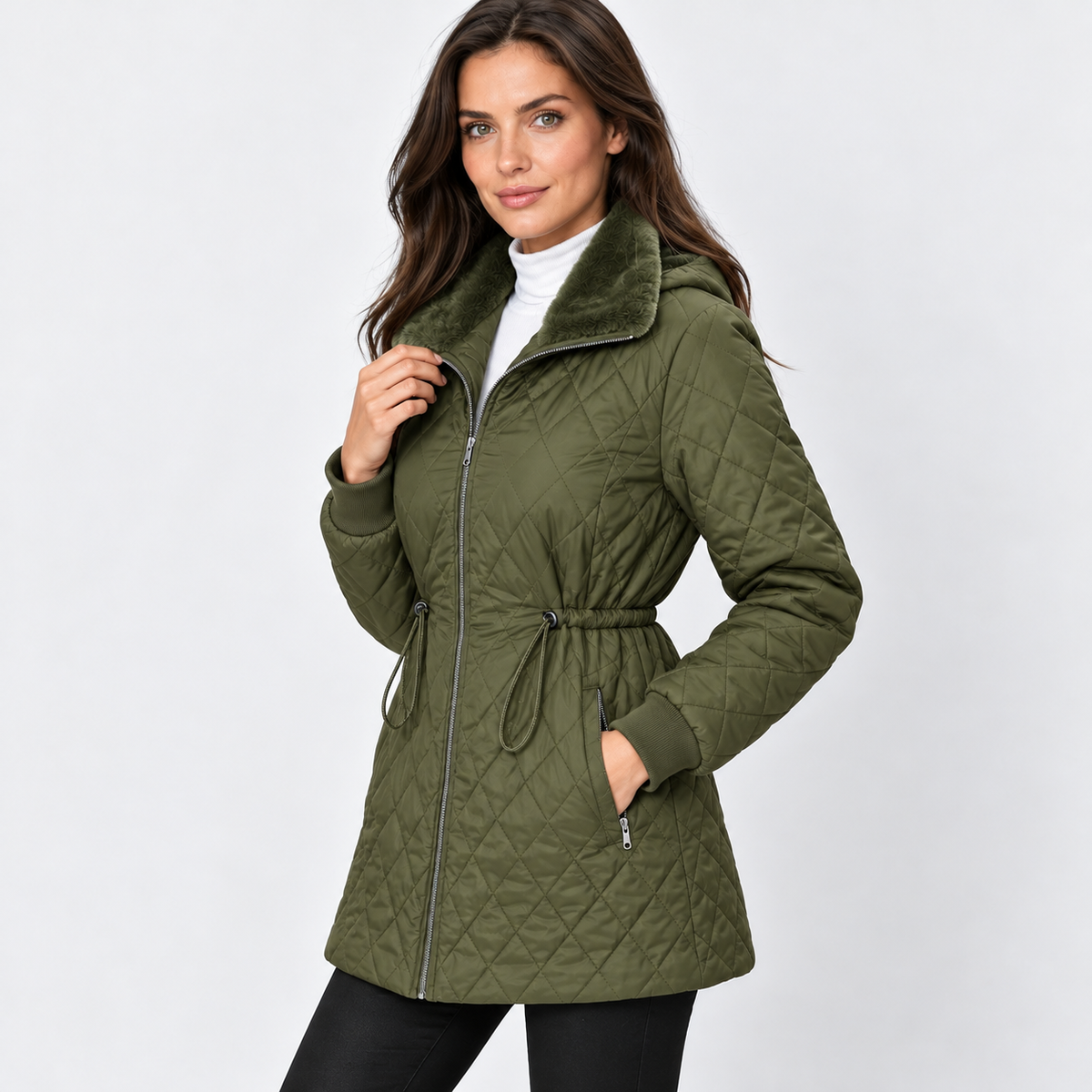 Montviro | Women’s Quilted Jacket Drawstring Waist Plush Collar Outerwear