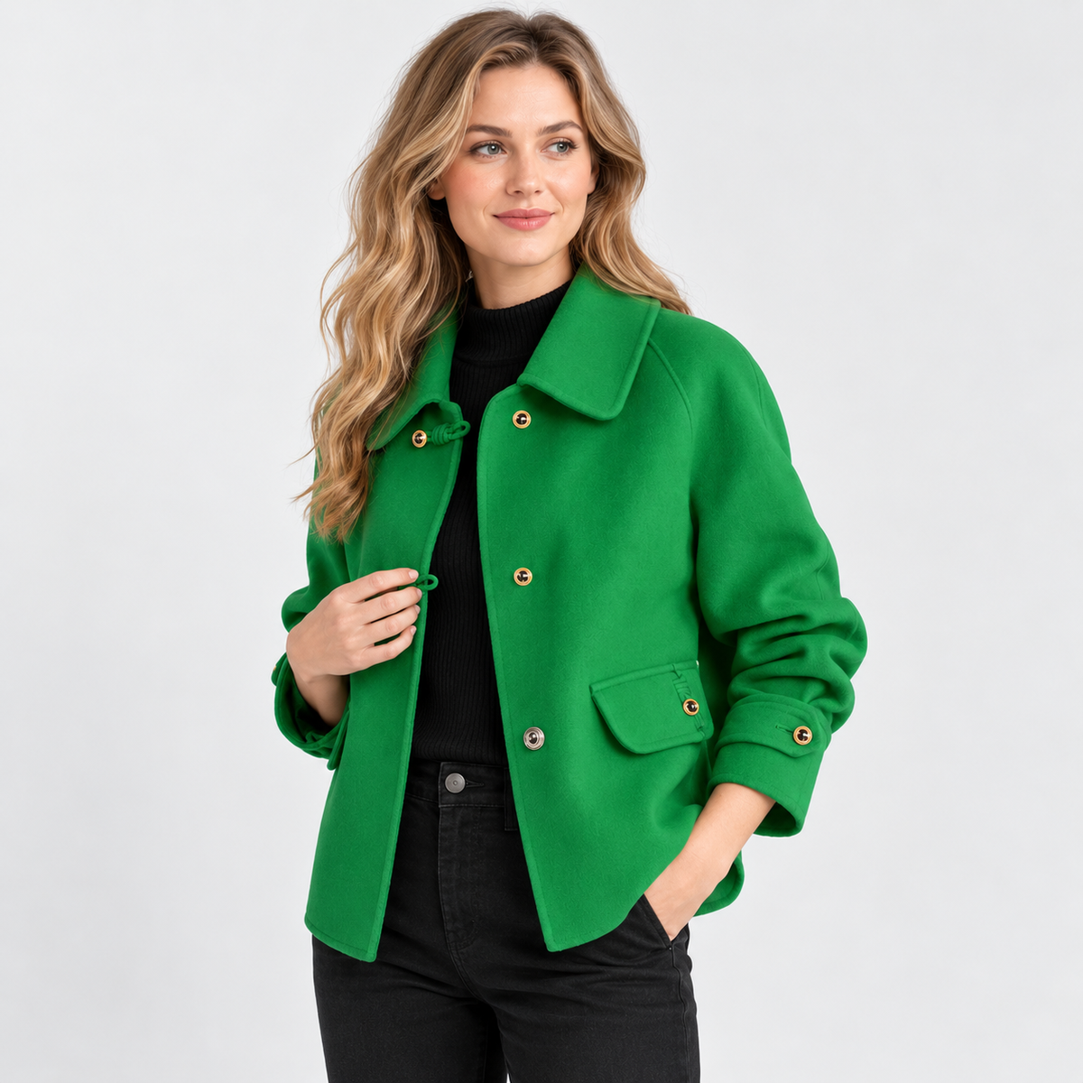 Montviro | Women's Tweed Pea Coat - Peter Pan Collar Pearl Buttons