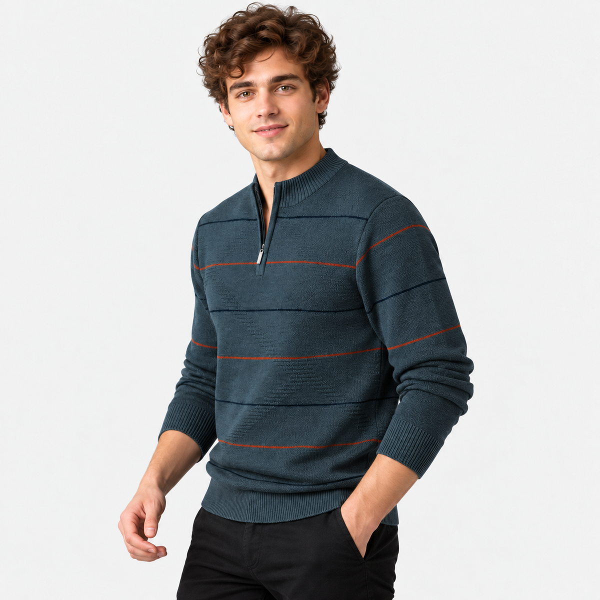 Montviro | Men's Quarter Zip Knit Sweater with Striped Pattern