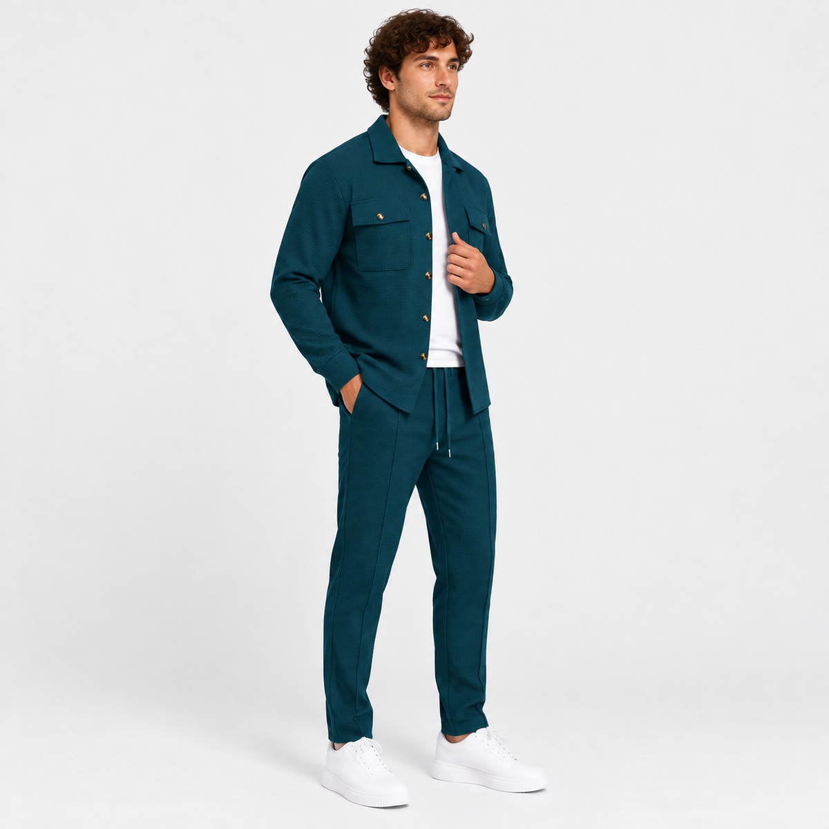 Montviro | Men's Waffle Knit Cardigan Set Button Shirt Pants Casual Outfit