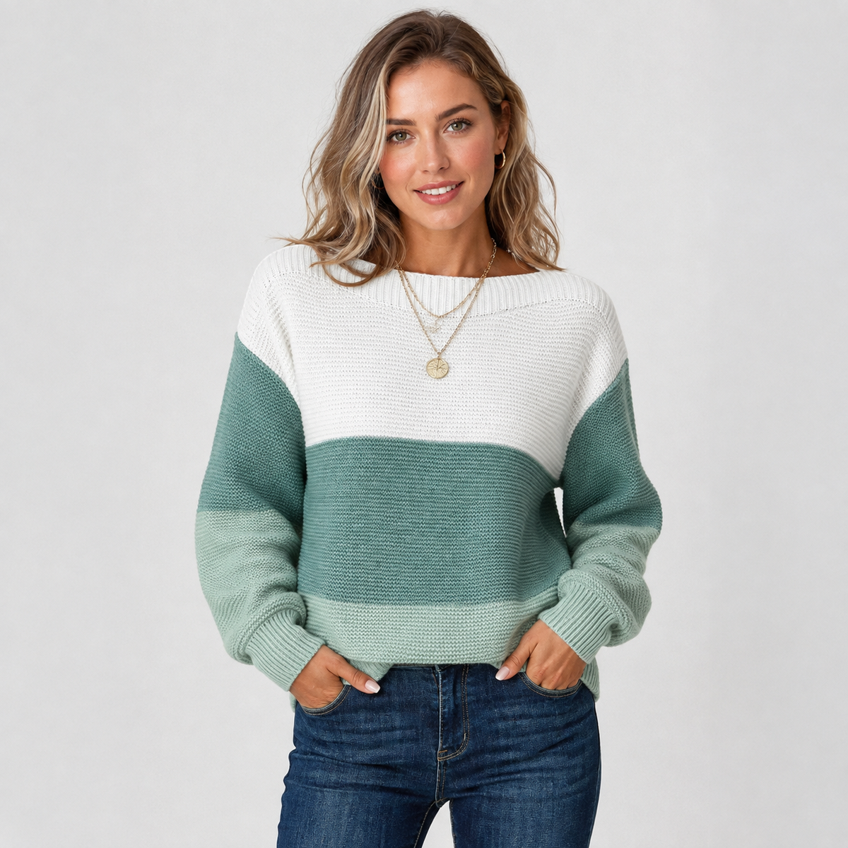 Montviro | Women's Off-Shoulder Sweater - Color Block Knit Pullover