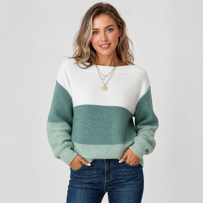Montviro | Women's Off-Shoulder Sweater - Color Block Knit Pullover