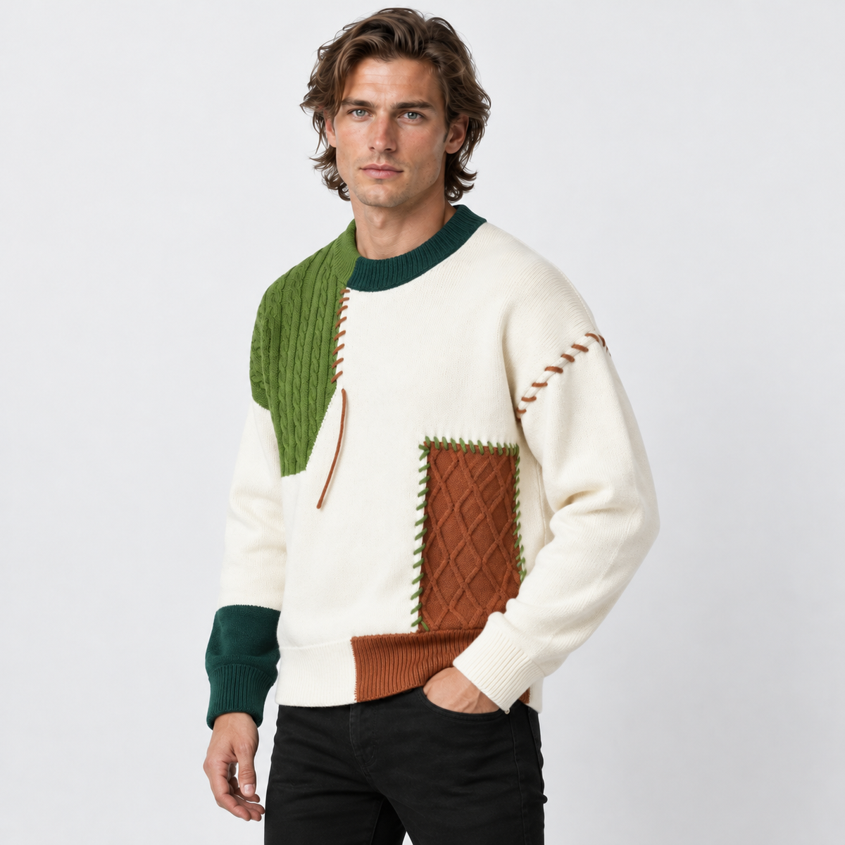 Montviro | Men's Color Block Sweater Knit Crew Neck Casual Winter Top