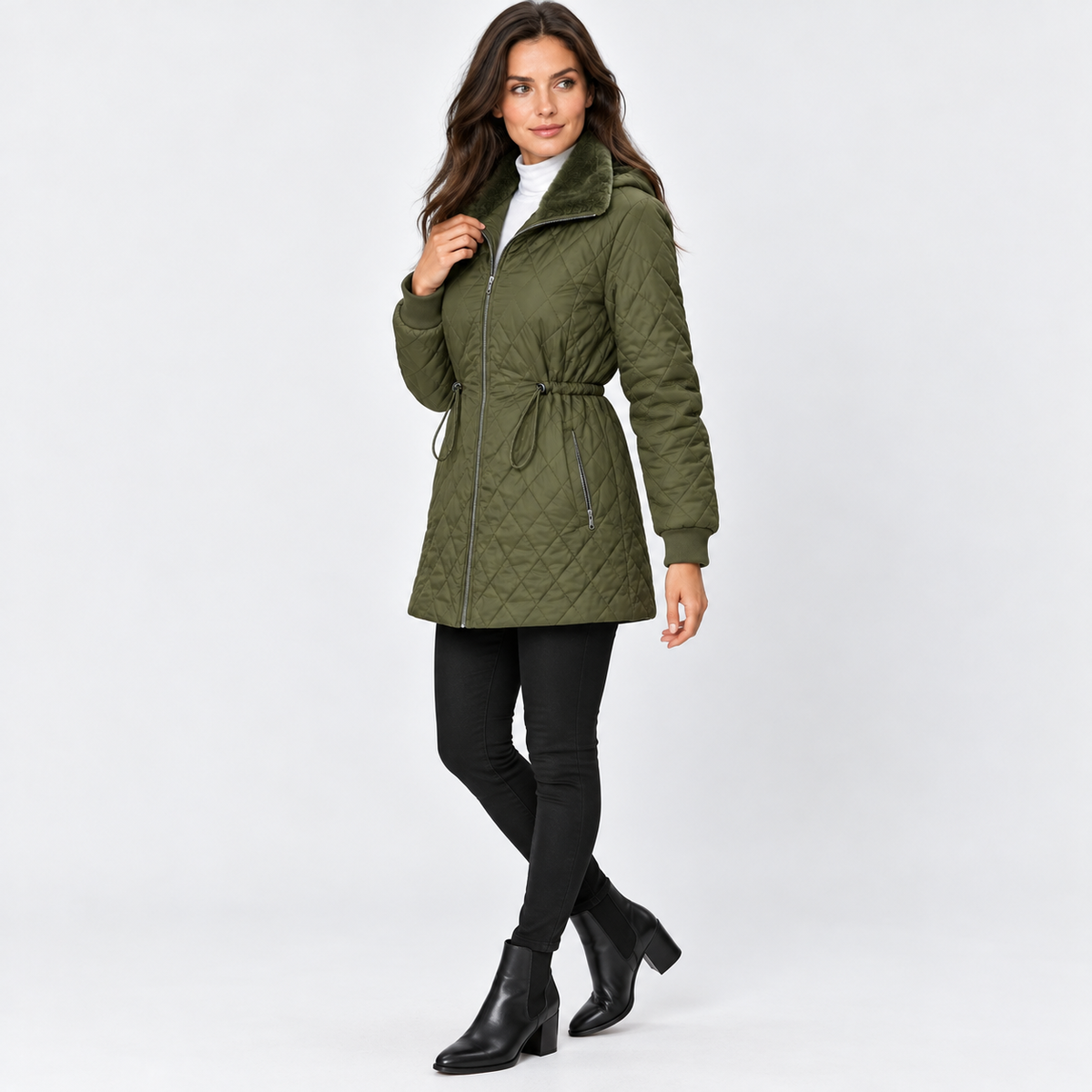 Montviro | Women’s Quilted Jacket Drawstring Waist Plush Collar Outerwear