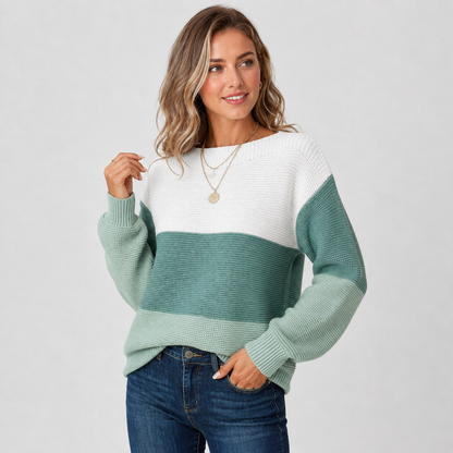 Montviro | Women's Off-Shoulder Sweater - Color Block Knit Pullover