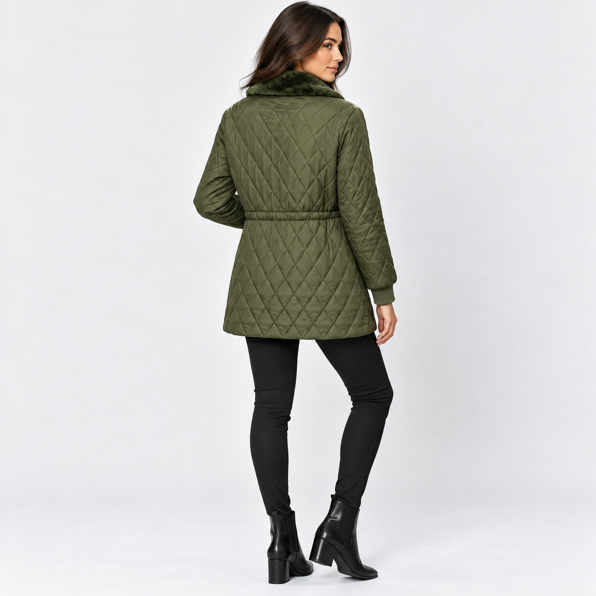 Montviro | Women’s Quilted Jacket Drawstring Waist Plush Collar Outerwear