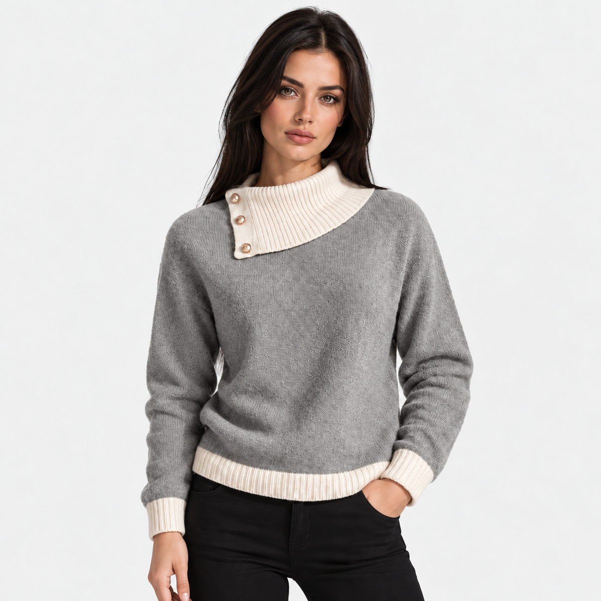 Montviro | Women's Asymmetric Neck Knit Sweater with Side Buttons