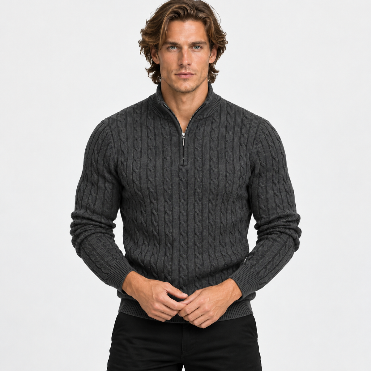 Montviro | Men’s Cable Knit Sweater Quarter Zip Stand Collar Pullover