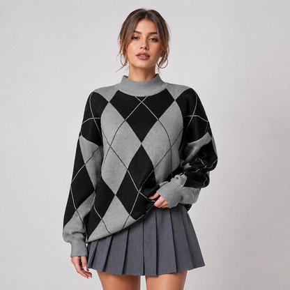 Montviro | Women's Argyle Sweater - High Neck Color Block Knit Pullover