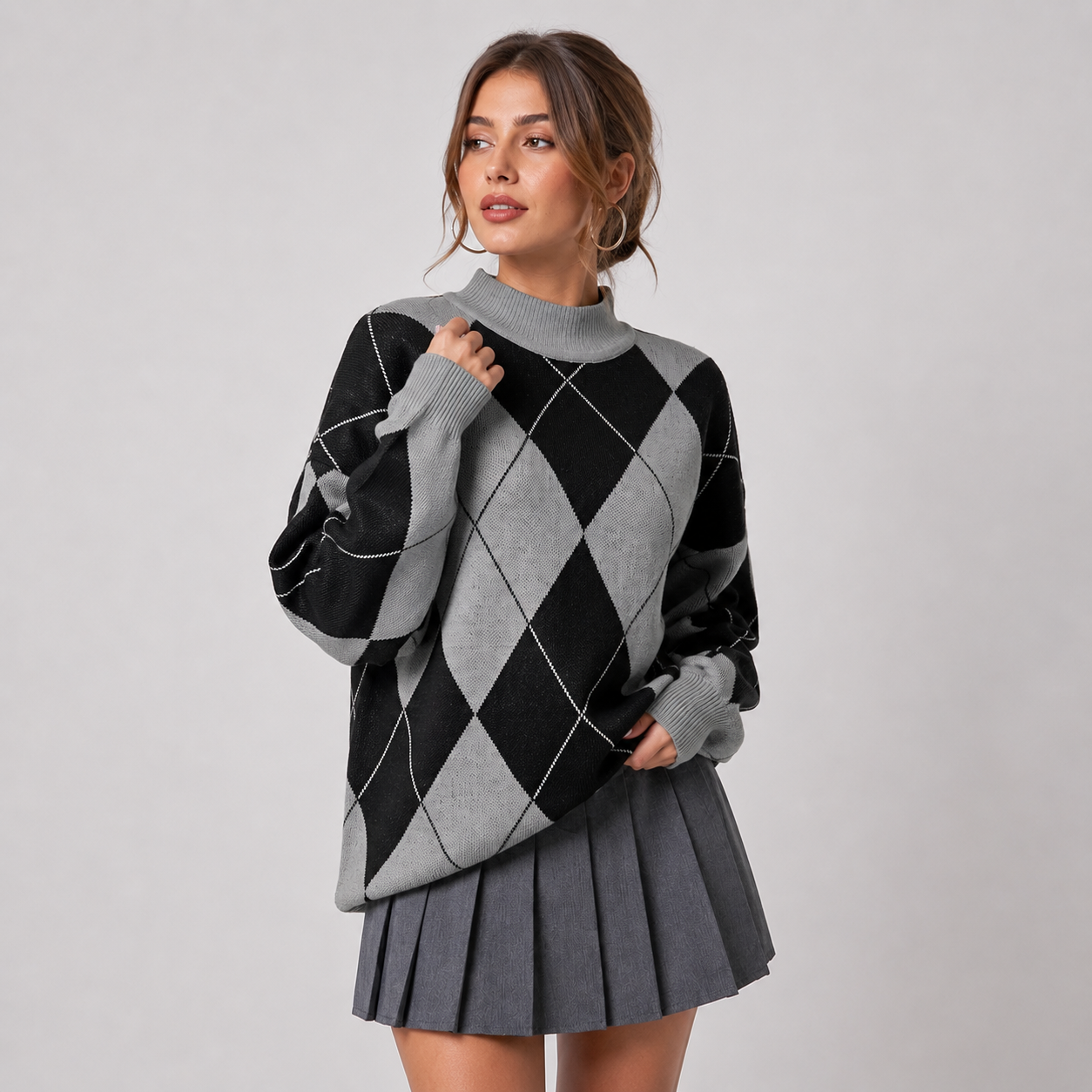 Montviro | Women's Argyle Sweater - High Neck Color Block Knit Pullover