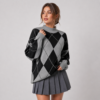 Montviro | Women's Argyle Sweater - High Neck Color Block Knit Pullover