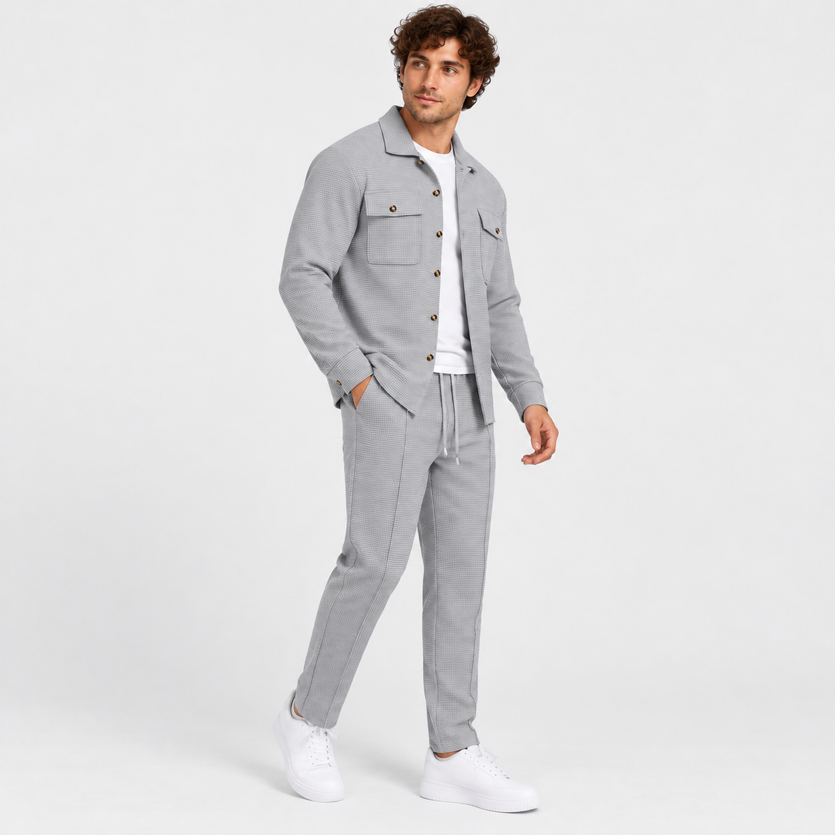 Montviro | Men's Waffle Knit Cardigan Set Button Shirt Pants Casual Outfit