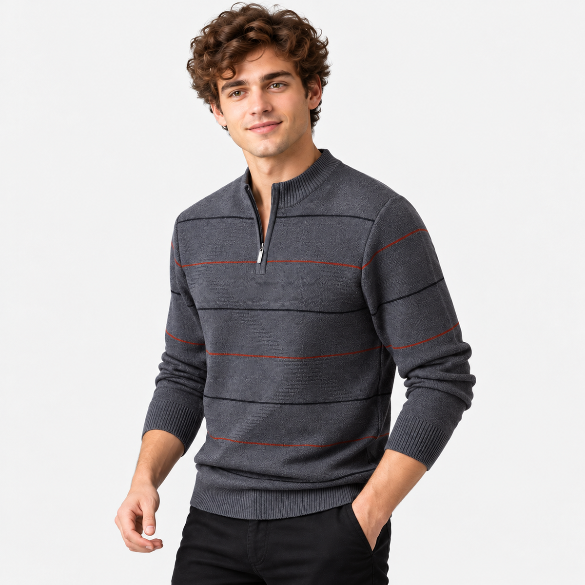 Montviro | Men's Quarter Zip Knit Sweater with Striped Pattern