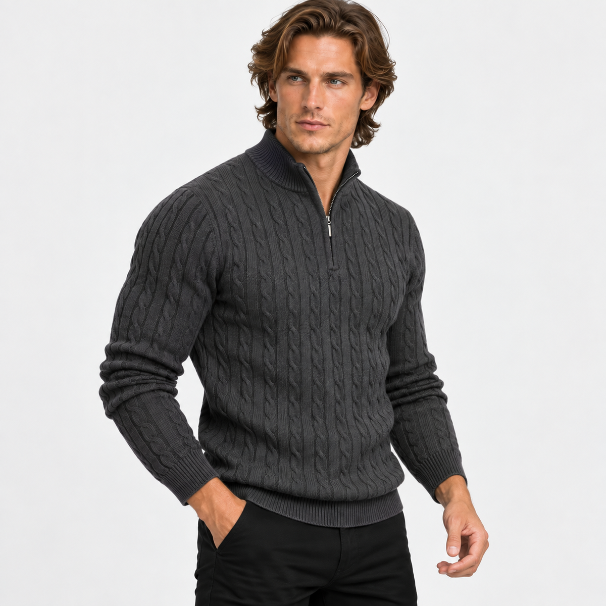 Montviro | Men’s Cable Knit Sweater Quarter Zip Stand Collar Pullover