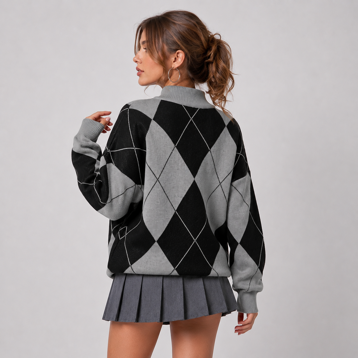 Montviro | Women's Argyle Sweater - High Neck Color Block Knit Pullover