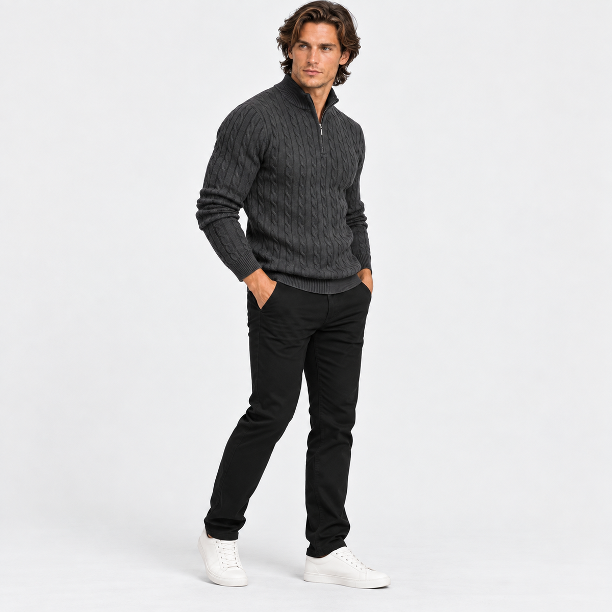 Montviro | Men’s Cable Knit Sweater Quarter Zip Stand Collar Pullover