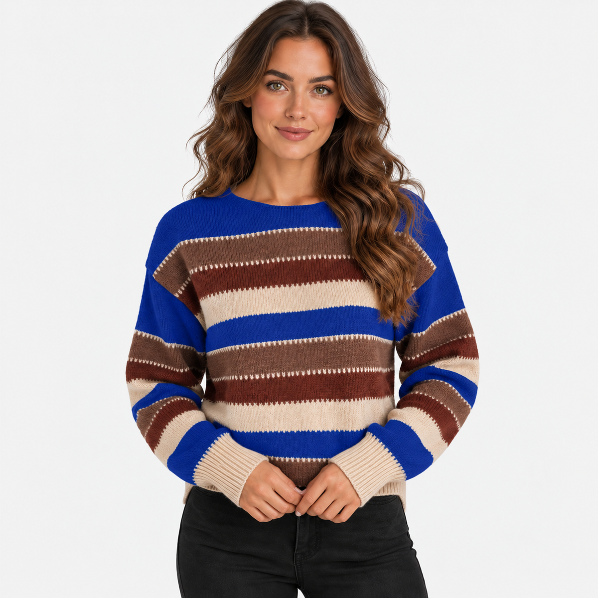 Montviro | Women’s Striped Sweater Vintage Knit Loose Fit Crew Neck Pullover
