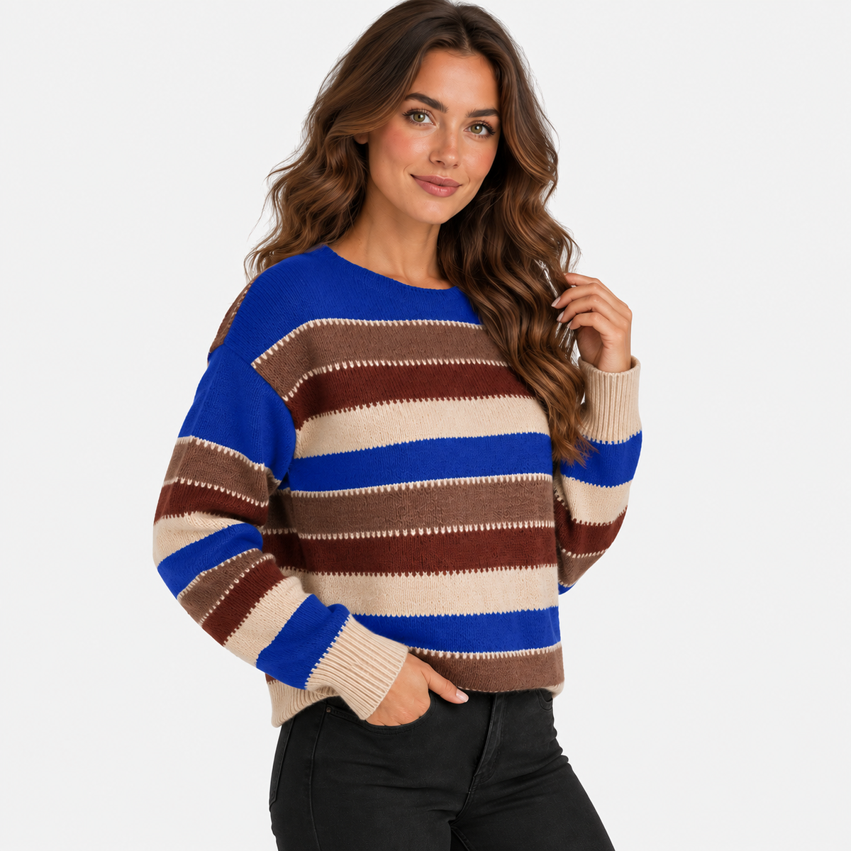 Montviro | Women’s Striped Sweater Vintage Knit Loose Fit Crew Neck Pullover
