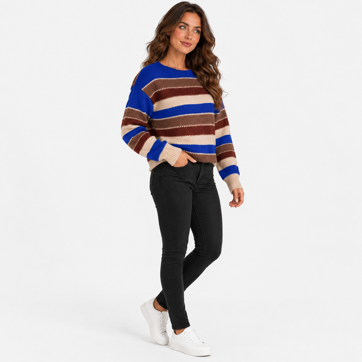 Montviro | Women’s Striped Sweater Vintage Knit Loose Fit Crew Neck Pullover