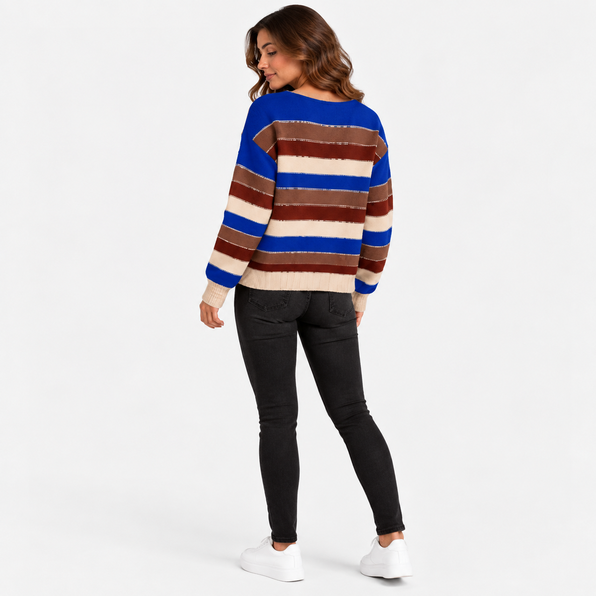 Montviro | Women’s Striped Sweater Vintage Knit Loose Fit Crew Neck Pullover