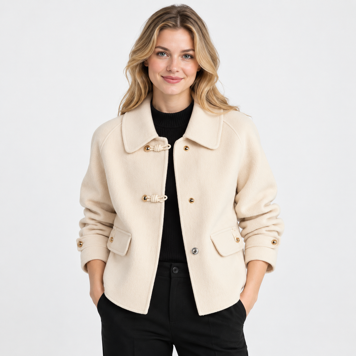 Montviro | Women's Tweed Pea Coat - Peter Pan Collar Pearl Buttons