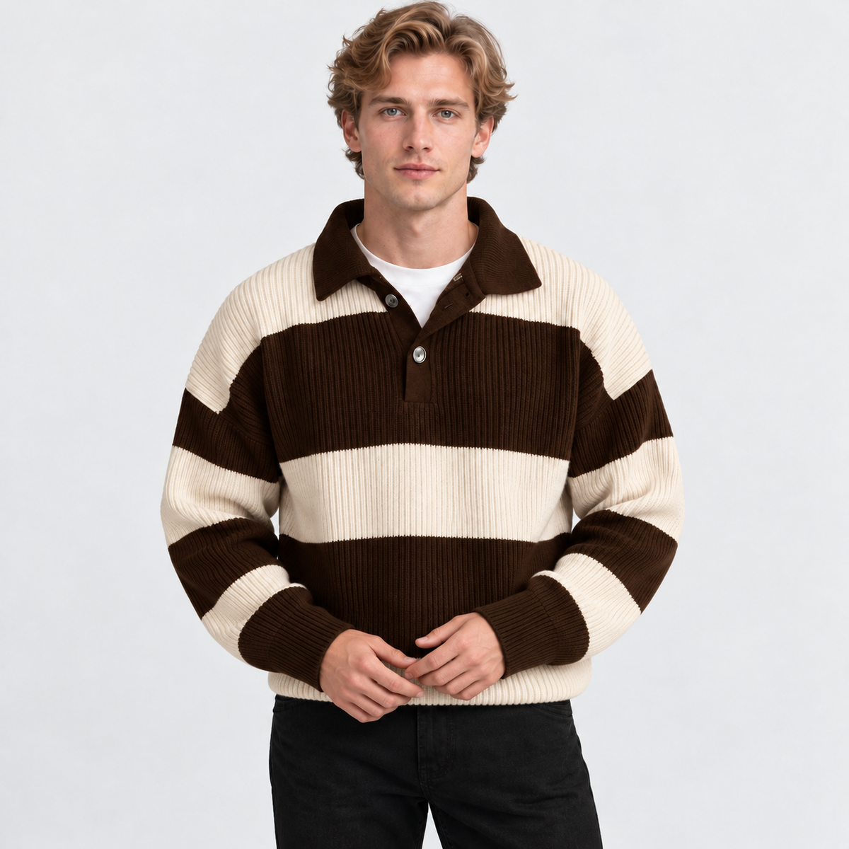 Montviro | Men's Striped Polo Sweater Knit Pullover Half Placket Top