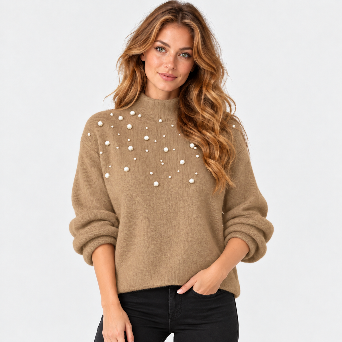 Montviro | Women's Pearl Beaded Pullover Sweater with High Neck